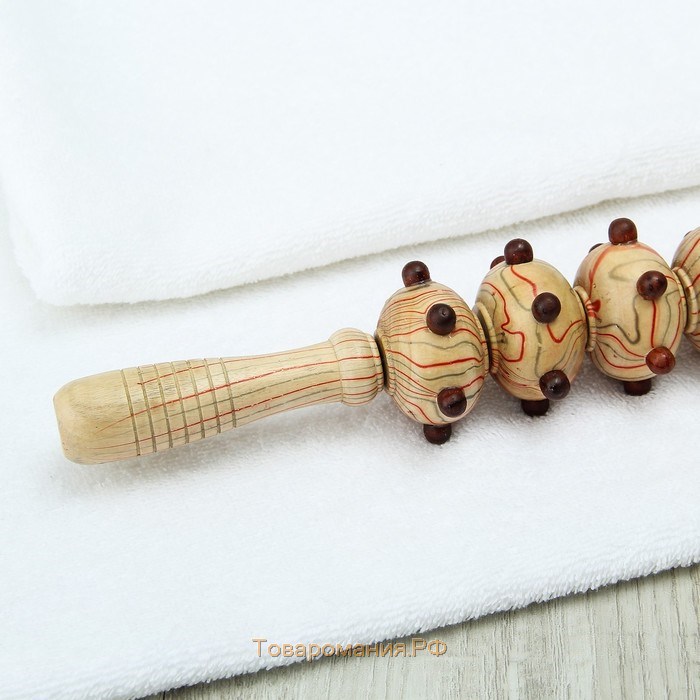 Массажёр «Скалка», универсальный, 36,5 × 5,8 см, 5 шаров с шипами, деревянный