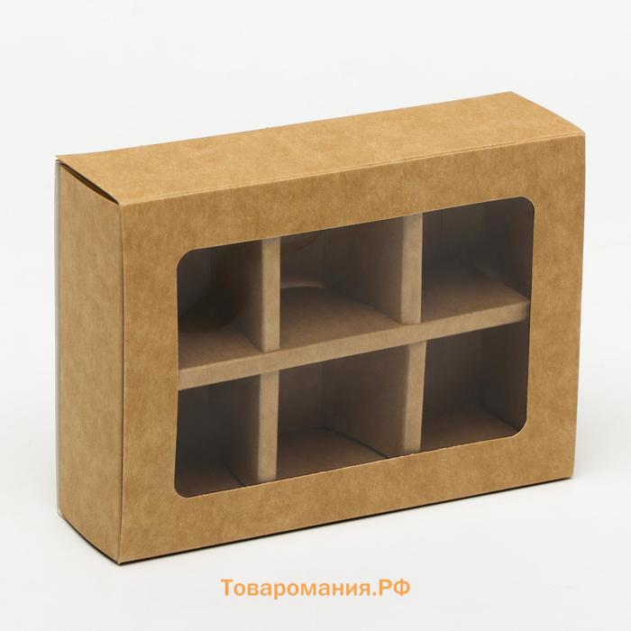 Коробка под 6 конфет с окном, крафт, 13.7×9.85×3.85 см