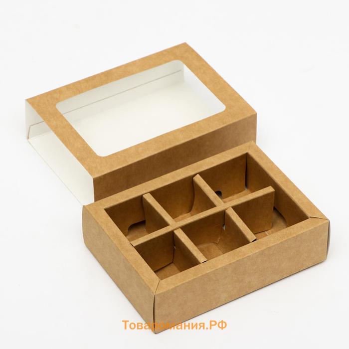 Коробка под 6 конфет с окном, крафт, 13.7×9.85×3.85 см