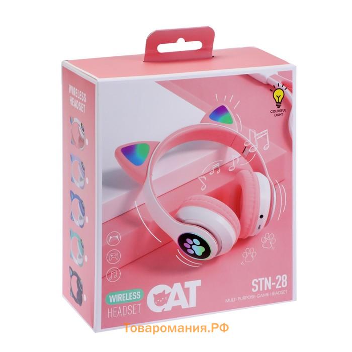 Наушники беспроводные, с ушками кошки, MYBIT W-32, Bluetooth 5.0, с микрофоном, AUX, microSD, MP3, 400 мАч, розовые