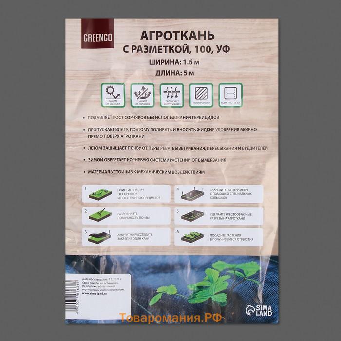 Агроткань застилочная, с разметкой, 5×1.6 м, плотность 100 г/м², полипропилен, Greengo, Эконом 50%