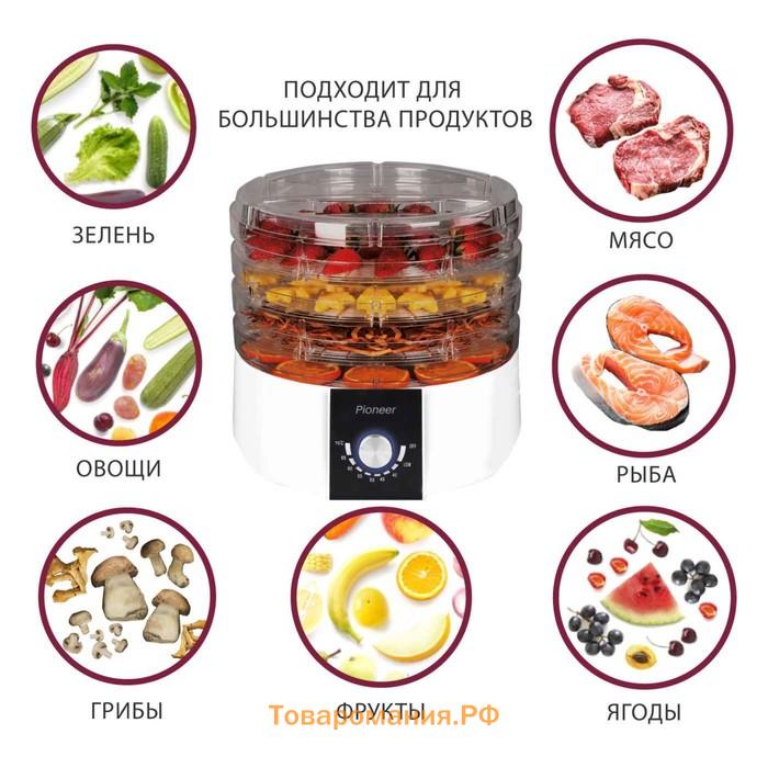 Сушилка для овощей и фруктов Pioneer FD105, 380 Вт, 5 ярусов, d=29 см, бело-чёрная