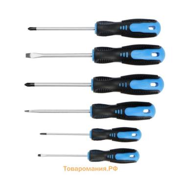 Набор отверток ТУНДРА, CrV, хром, 2К рукоятки, PH0,SL3×75 мм, PH1-2, SL5-6×100 мм, 6 шт.