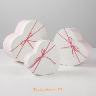 Набор подарочных коробок сердце 3 в 1,, розовый - белый, 21×19×9 - 15.5×14×6 см