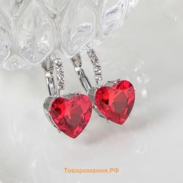 Серьги со стразами «Сердце» мерцание, бело-красные в серебре