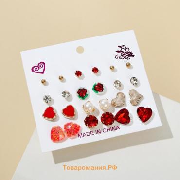 Серьги пусеты QF «Романтика», 12 пар, сердечки, цветные в золоте