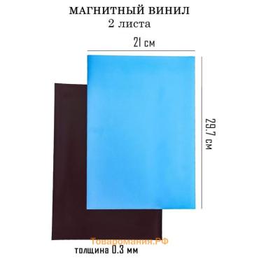 Магнитный винил, с клеевым слоем, ПВХ поверхностью, TAKE IT EASY, А4, набор 2 шт., толщина 0.3 мм, 21×29.7 см, синий