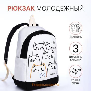 Рюкзак школьный Funny cats на молнии, с карманами, белый/чёрный