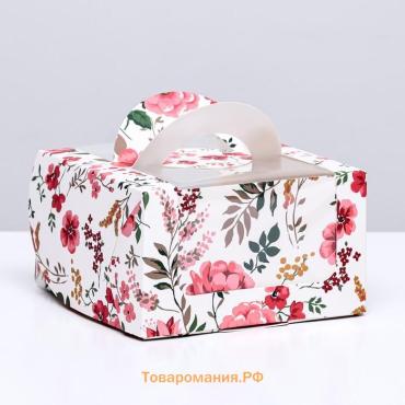 Коробка под бенто - торт с окном «Цветочная роспись», 14×14×8 см